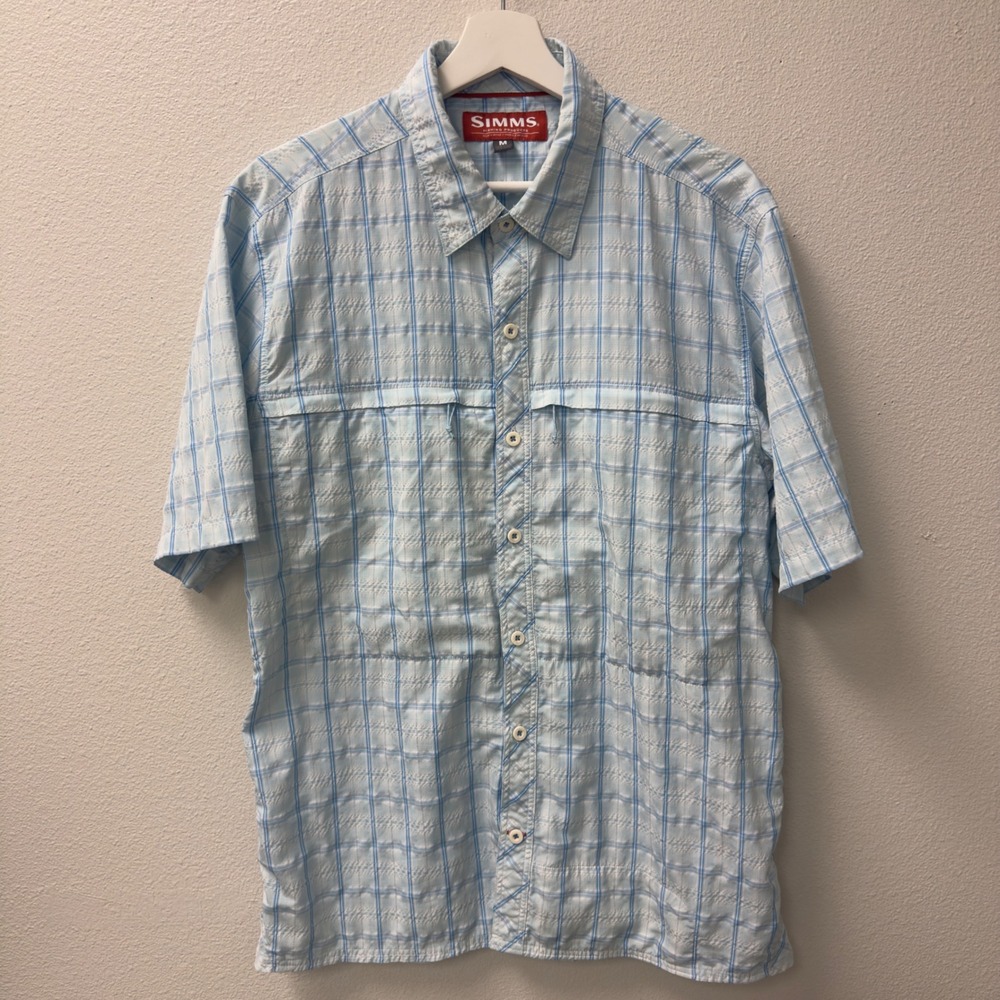 Simms Fishing Shirt Mens Medium Light Blue Plaid Vented Short Sleeve